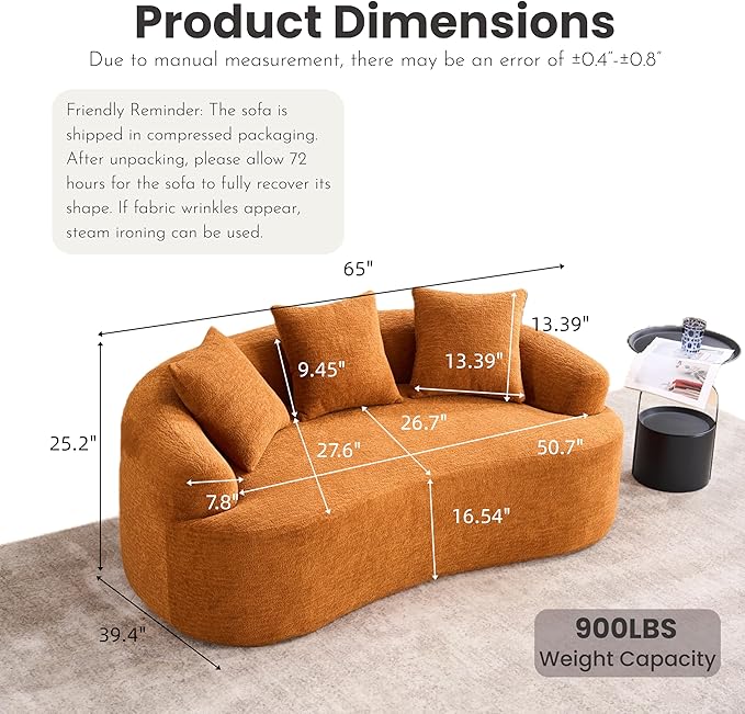 65 Curved LoveseatDeep Seat Cloud Floor Couch with 3 BackrestCozy Chenille FabricSmall Loveseat for Small SpacesBedroomOfficeApartment (Orange 65 Inch)