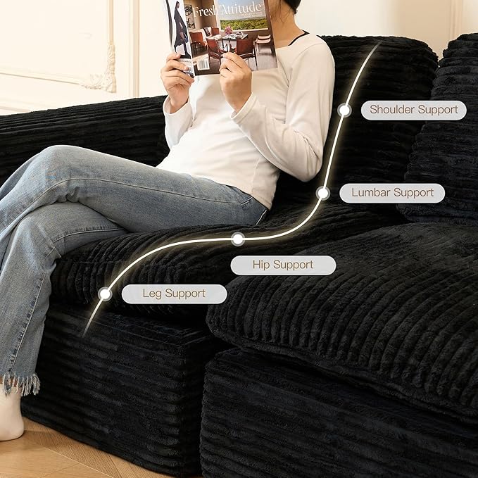 Boneless Loveseat Sofa Plush Corduroy Sectional Couch with Deep Seat Modular Cloud Sectional Couches for Living Room.Black Sofa.