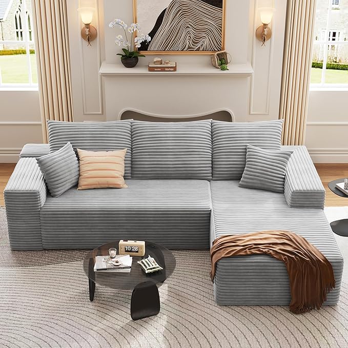 95 Cloud Sectional Couch with L-Shape Chaise Modern Corduroy Boneless Deep Seat Sofa 3-Seater Modular Sleeper Couch for Living RoomBedroomApartmentNo Assembly(Light Grey Right-Facing Chaise)