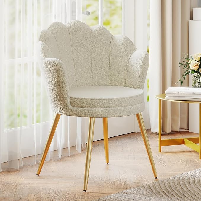 Furniliving Sherpa Vanity Chair Shell Accent Chair for Living Room Upholstered Accent Chair with Gold Metal Legs Makeup Chair for Vanity Armchair Guest Chairs Side Chair for Bedroom (White 2)