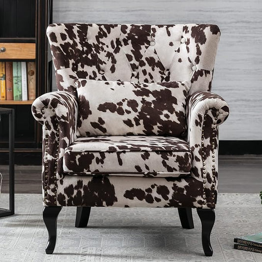 Kmax Velvet Club Chair Tufted Throne Mid Century Accent Wingback Chair Padded Seating Wood Legs Home Club Bedroom Living Room Cow