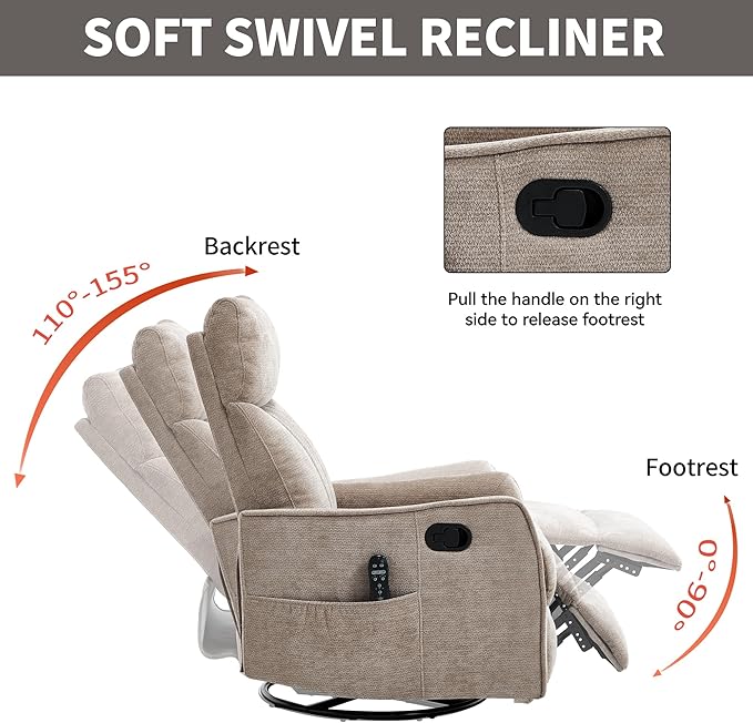 Khaki 360° Swivel Rocker Recliner Chair Massage Reclining Chair with 8-Point Vibration &amp Lumbar Heat for Adults Elderly 155° Recline Easy Assembly for Living Room