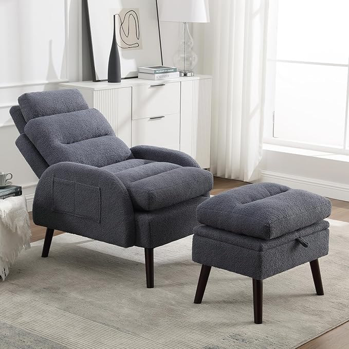 Accent Chair with Ottoman Comfy Reading Chair with Ottoman Set Modern Oversized Velvet Lounge Armchair with Adjustable Backrest for Living Room Bedroom (Teddy Blue Grey)