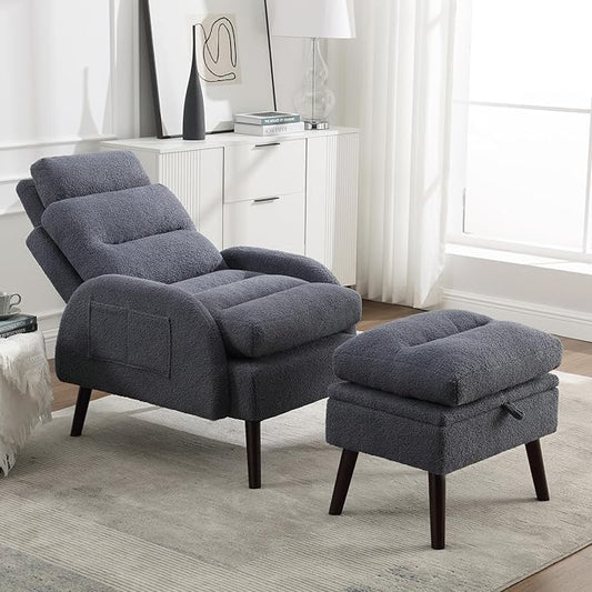 Accent Chair with Ottoman Comfy Reading Chair with Ottoman Set Modern Oversized Velvet Lounge Armchair with Adjustable Backrest for Living Room Bedroom (Teddy Blue Grey)