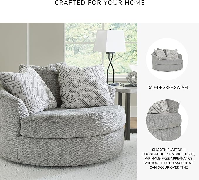 Signature Design by Ashley Casselbury Contemporary Upholstered Oversized Swivel Accent Chair with 3 Throw Pillows Light Gray