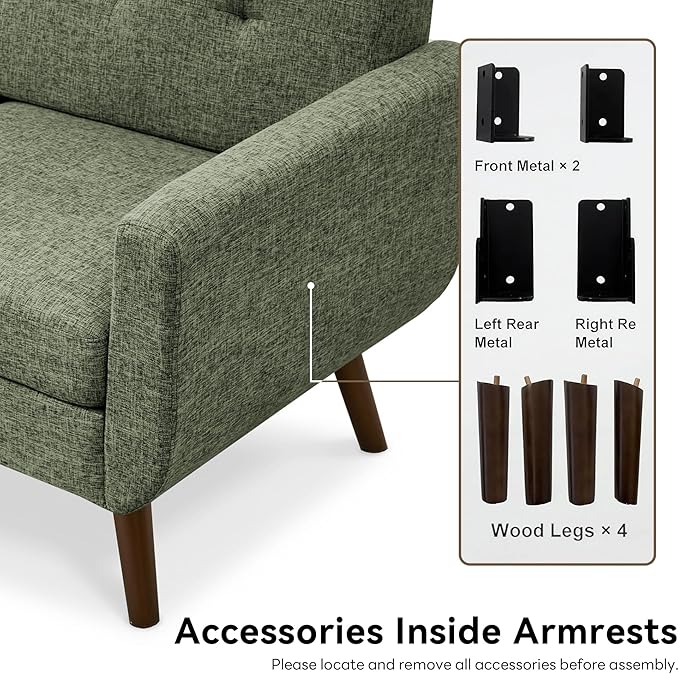 Tbfit Mid Century Modern Sofa Couch Loveseat &amp Standard Sofa Green | linen fabric button tufted solid wood foot pocket spring wood slats frame