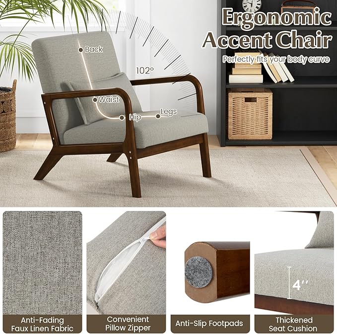 KOMFOTT Mid-Century Modern Accent Chair Set of 2 Living Room Leisure Chair with Cushioned Seat &amp Back Upholstered Armchair with Rubber Wood Frame &amp Lumbar Pillow Lounge Chair for Bedroom G