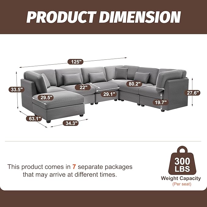 125 Inch Oversized Corduroy Cloud Couch U Shaped Modular Sectional Sofa 7 Seat Convertible Modular Sleeper Sofa Couch with Storage Sectional Couches for Living Room Grey
