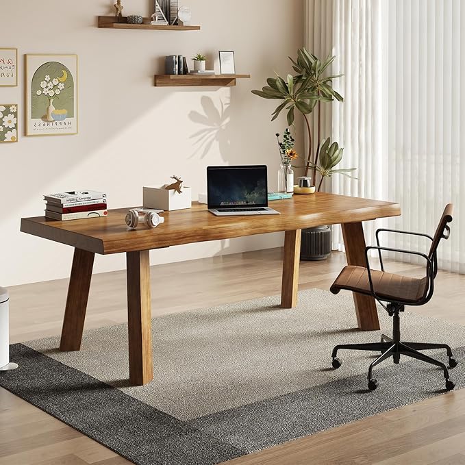 Solid Wood Desk 55 inches Live Edge Wooden Home Office Computer Desk Modern Simple Design for Writing Study Dining Gaming