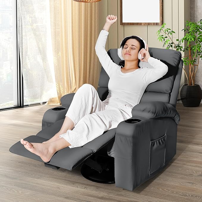 LEVELEVE Rocking Recliner Chair Massage Rocker Recliner Chair with Vibration Massage and Heat 360° Swivel Faux Leather Chairs Living Room Bedroom Nursery RV Dark Grey
