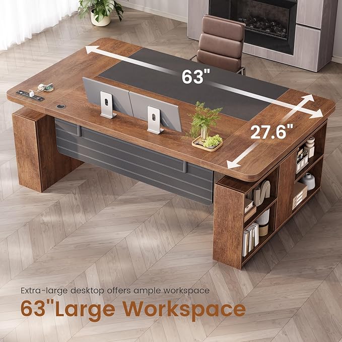 SEDETA 63 Executive Standing Desk with Storage Executive Height Adjustable Desk with Power Outlets Large Computer Office Desk with Privacy Panel for Home Office Warm Golden Brown