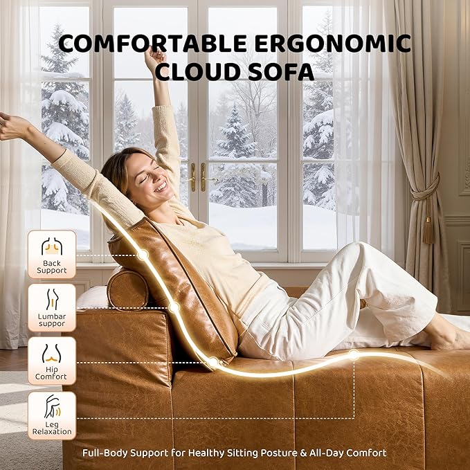 115″ Modular Sectional Sofa L-Shaped Chaise Lounge Cloud Couch with Ultra-Wide Armrests &amp Deep Seat Soft Leather Boneless Couches for Living Room No Assembly Required Brown