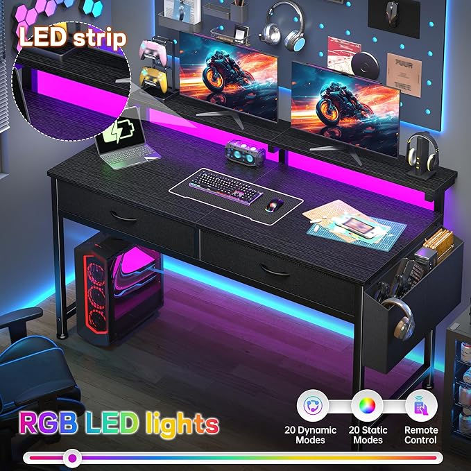 47.3Inch Gaming Desk with LED Lights with 2 Drawers Home Office Desk Computer Desk with Side Pocket &amp Ergonomic Monitor Stand Small Space Study Writing Table with Anti-Tip DesignBlack