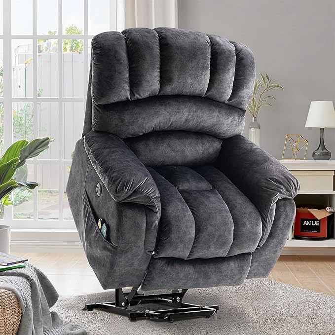 VIVIJASON Large Power Lift Chair Electric Recliner Chair with Heat &amp Massage for Elderly Big People Overstuffed Wide Electric Recliner with 2 Remote Controls Side Pockets &amp USB Ports Dark G