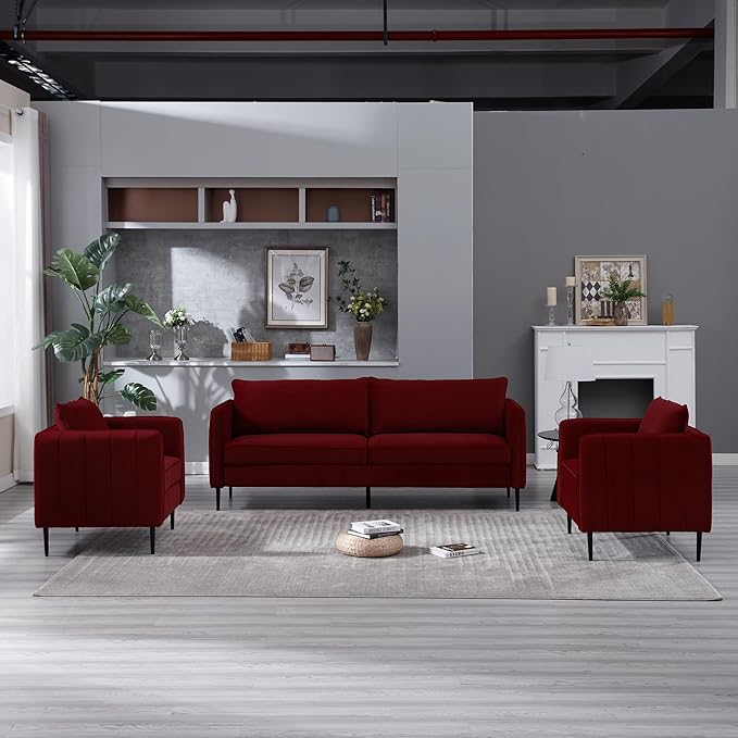 Velvet Accent Chair Comfy Upholstered Armchair Living Room Reading Chair with Metal Legs for Living Room Bedroom Office (Red Chair)