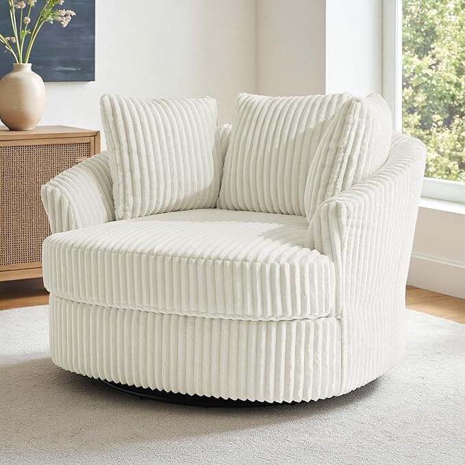 Oversized Round Swivel Barrel Accent Chair with Pillows Comfy Modern Chaise Lounge Sofa Indoor for Living Room Bedroom (Beige Set of 1)