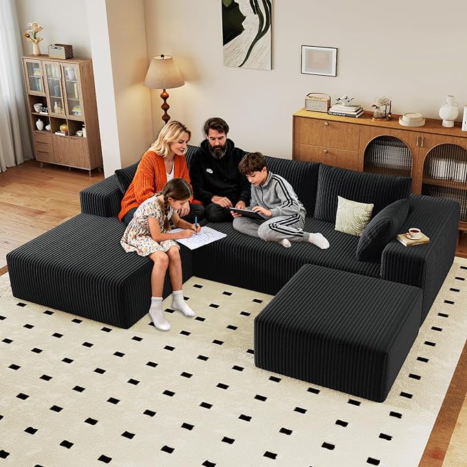 96 W Cloud Sectional Couch with OttomanModern U-Shaped Cloud Couch with Deep SeatComfy Corduroy 3-Seater SofaMemory Foam Sofa for Living RoomNo Assembly (BlackLeft-Facing Chaise)