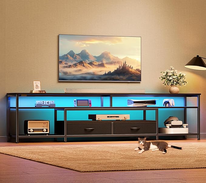 Huuger 79 Inch TV Stand for 85 90 Inch TV Entertainment Center with LED Lights and Power Outlets TV Console with Drawers Shelves Type C PU Leather Surface for Living Room Black