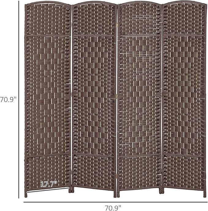 HOMCOM Room Divider 6 Ft 4 Panel Folding Privacy Screen Hand-Woven PP Wall Partition with Pine Wood Frame Freestanding Room Separator for Bedroom Home Office No Assembly Brown