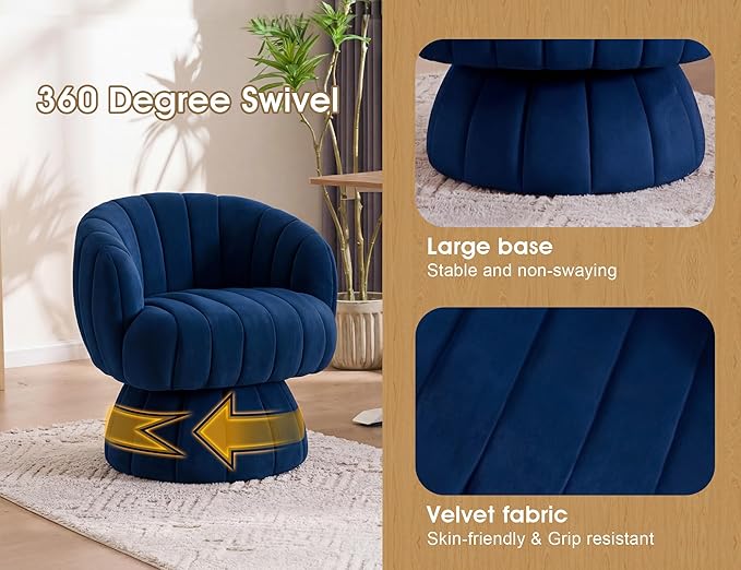 Mid Century Modern 360 Degree Barrel Swivel Accent Sofa ChairFluffy Velvet Fabric Lounge Wide Upholstered Pumpkin Reading Chair Round Cloud Armchair for Living RoomBedroomVanity(Navy Blue)