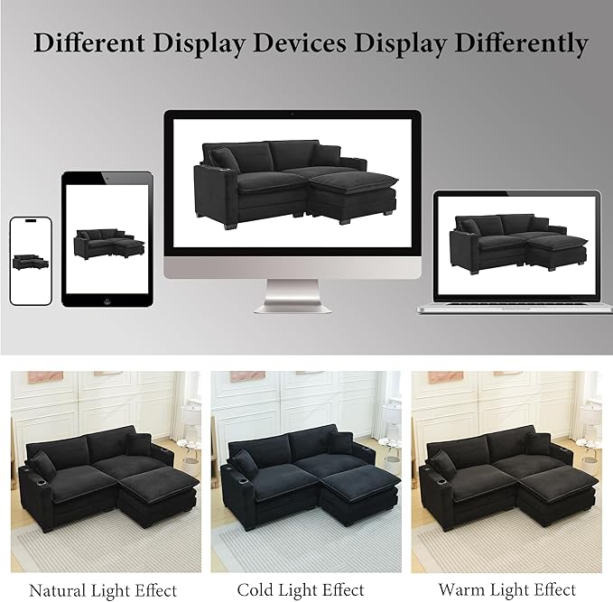 82.7 L Shaped Sectional Sofa with Cup Holders &amp USB Ports Modern Loveseat Cloud Couch with Ottoman for Living Room Apartment Small Spaces Black Corduroy