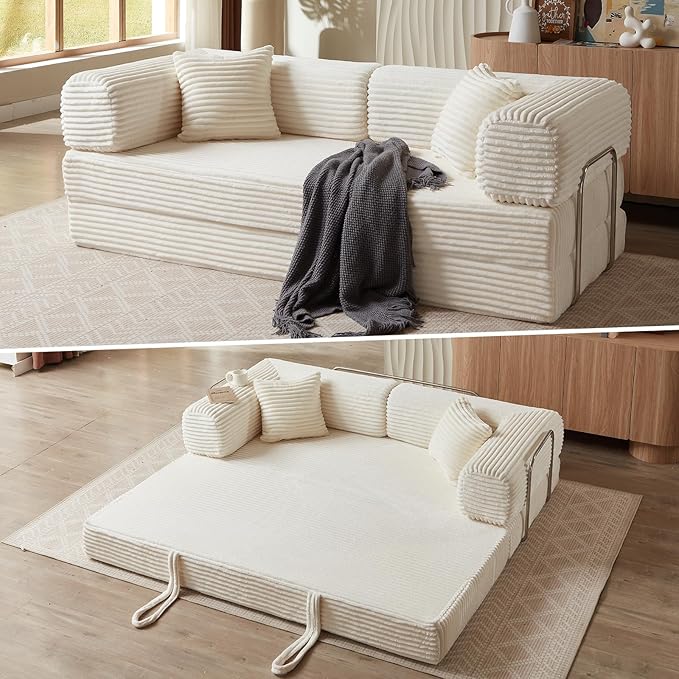 4-in-1 Convertible Folding Sleeper Sofa Bed Plush Corduroy Foldable Mattress Couch with Fixed-Shape Frame Floor Compressed Sofa for Living Room Bedroom (White)