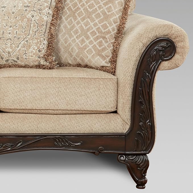 Hernen Carved Wood Frame Loveseat Beige Wheat