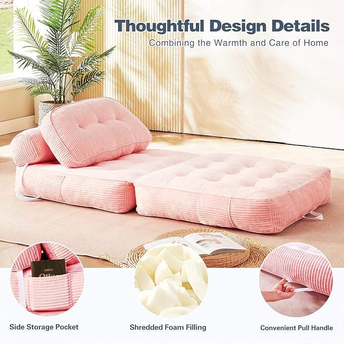 Folding Sofa Bed Flannel Futon Couch Bed with Pillow and Blanket Convertible Sleeper Chair for Living Room Bedroom (Two Pink)