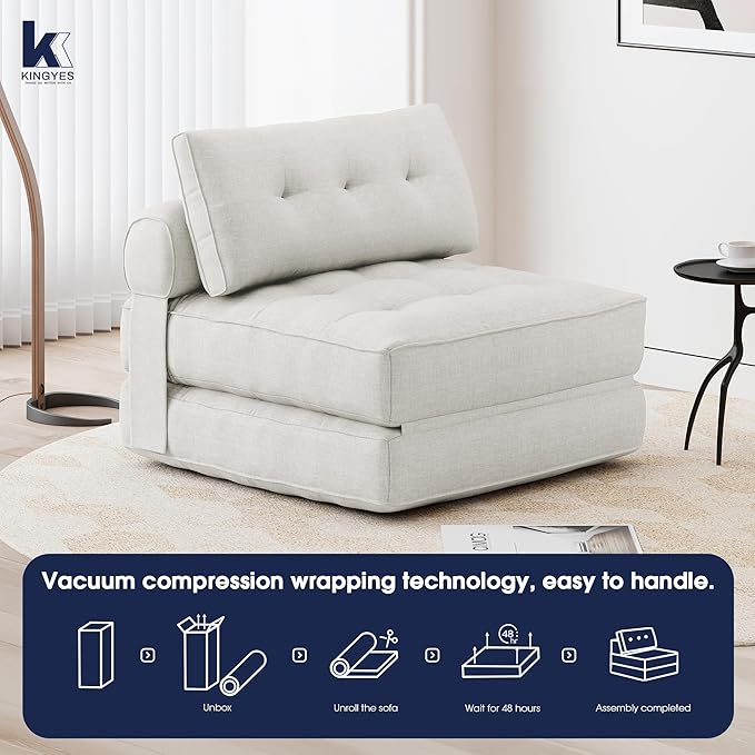 KINGYES Folding Chair Bed 3 in 1 Convertible Sleeper Chair with Pillow Foldable Futon Chair for Living Room Beige