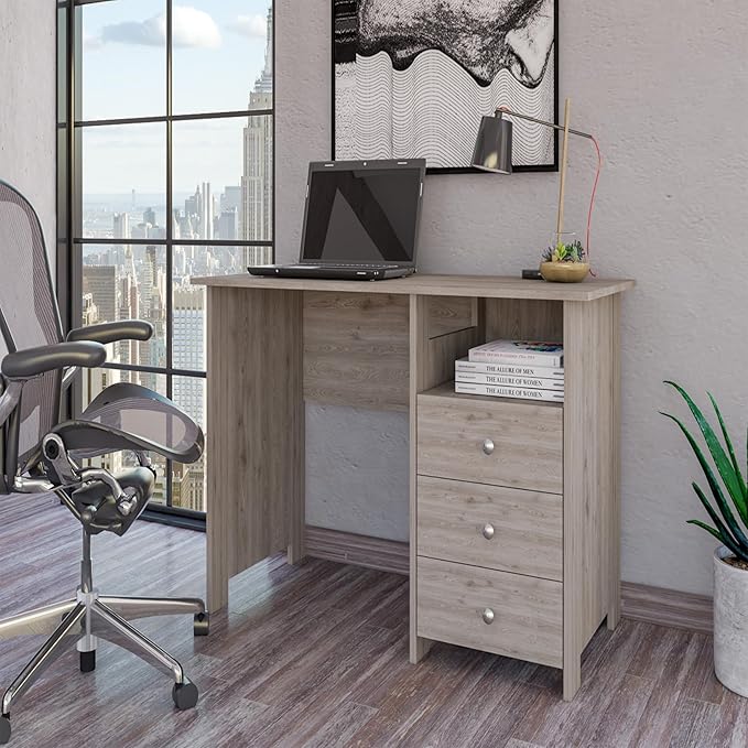 Compact Corner Desk | Open Shelf &amp 3 Drawers | Light Gray | Home Office | Workstation