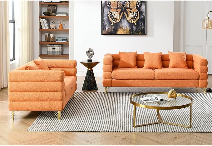 Loveseat Modern Sofa 81+60 Teddy Boucle Comfy Cloud Couch Upholstered Deep 5 Seater Sherpa Couch Set with Stylish Metal Legs for Living Room Home Office Bedroom Apartment Orange