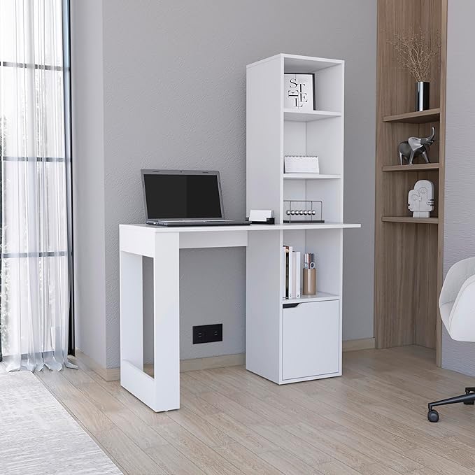 Iowa Computer Desk with 4-Tier Bookshelf - Spacious White Home Office Desk with Storage Cabinet
