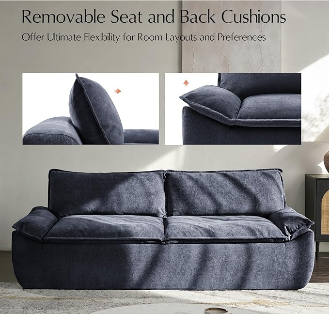 HULALA HOME 89 Oversized Boneless Couch 3 Seater Compressed Foam Sofa with Deep Seat Comfy Cloud Couch with Removable Seat and Back Cushions No Assembly Required Navy