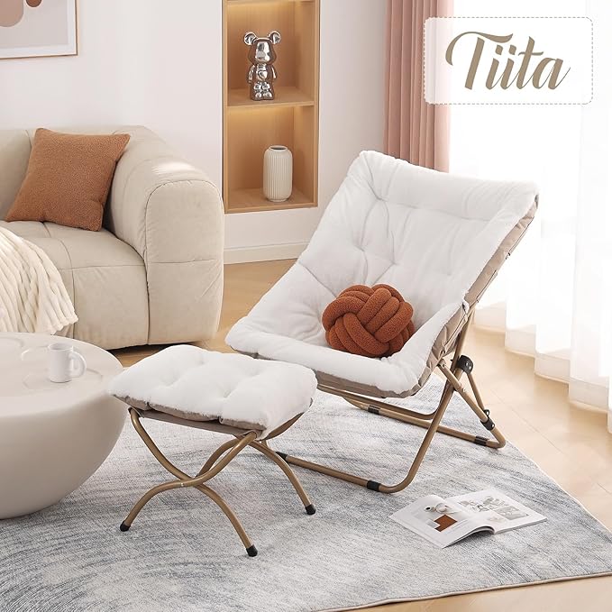 Tiita Folded Chair with Ottoman Soft Faux Fur Oversized Folding Accent ChairLazy Chair Metal Frame Moon Chair for Bedroom Living Room Dorm Rooms Garden and Courtyard