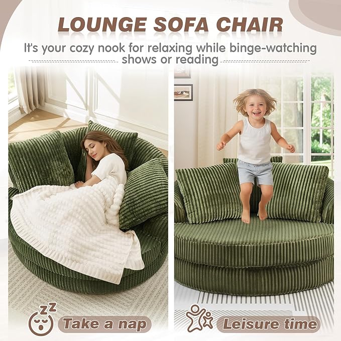 61-inch Boneless Round Chair Circle Corduroy Memory Foam Upholstered Chaise Lounge Indoor Comfy Reading Accent Deep Seat Sofa Chair for Living Room Bedroom Office No Assembly Required Green