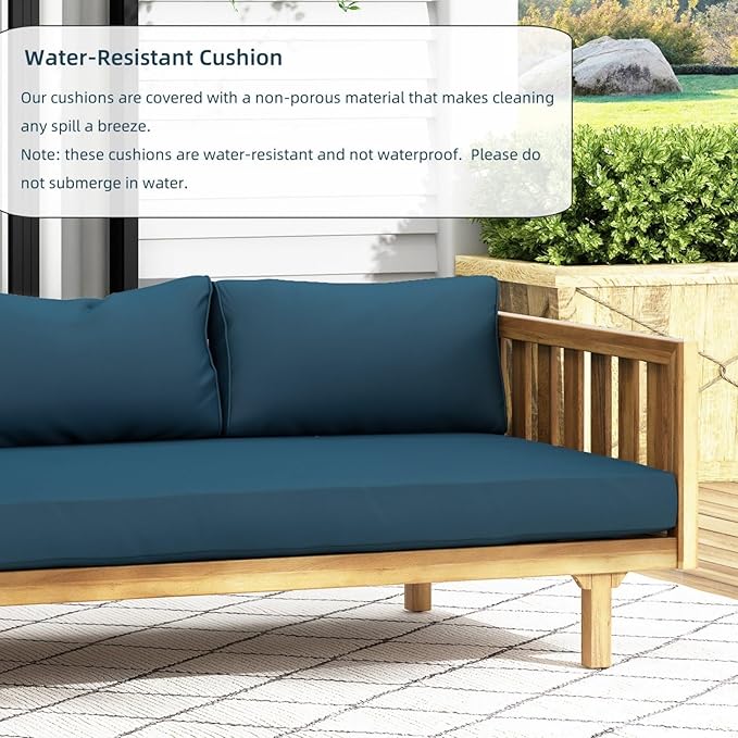 Merax Solid Acacia Wood Couch Chaise Lounge Chair Indoor 3 Seater Daybed Sofa Couches with Cushions &amp Pillow Heavy Frame Day Bed for Living Room Office Outdoor Balcony Patio Water Resistant