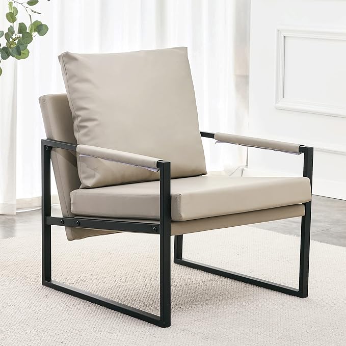 PU Leather Accent Arm Chair Mid Century Modern Upholstered Armchair with Metal Frame Extra-Thick Padded Backrest and Seat Cushion Sofa Chairs for Living Room (Light Brown PU Leather + Metal + Foam)