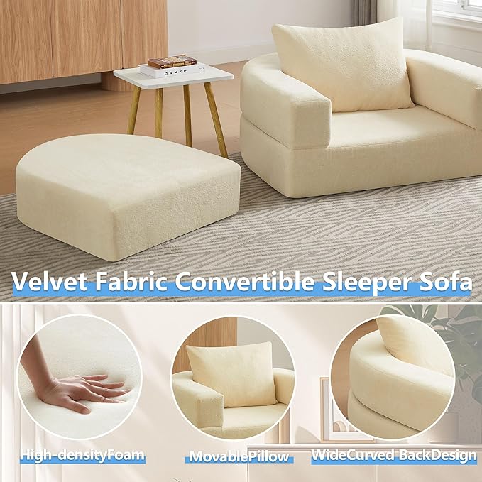 41 Futon Sofa Bed Velvet Futon Couch Convertible Sleeper Floor Sofa Bed Upholstered Couch Reading Chair for Living Room (Beige 41)