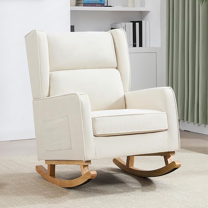 Nursery Rocking Chairs Rocking Chair Nursery for Mom Nursery Rocker with High Backrest and Solid Wood Legs Modern Wingback Accent Chair Set of 2 for Reading Living Room Bedroom Beige