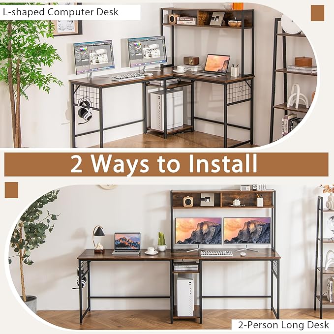 Tangkula L-Shaped Desk Converts to 2-Person Long Desk with Hutch Power Outlet &amp 3 Removable Hooks Perfect for Home Office or Gaming (Rustic Brown)