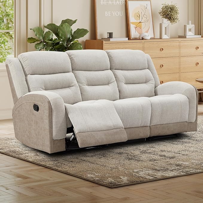 EBELLO 3-Seater Reclining Sofa Extra-Wide Manual Recliner with Padded Arms &amp Cushioned Seat Breathable Fabric and Faux Leather Design for Living Room or Home Theater Beige