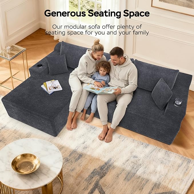 105 Modular Sectional Couch L-Shaped Sofa with Plush Corduroy Fabric Boneless Couches for Living Room Cloud Sofa Deep Seat Corner Couch with 3 Back Pillows &amp 2 Accent Pillows Grey