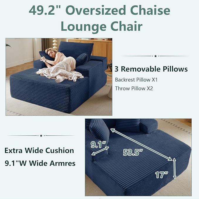 50 Oversized Chaise Lounge Chair IndoorCorduroy Boneless Reading Chair with 3 PillowsDeep Seat Cloud Sofa BedComfy Modern Sleeper Chairs in Box for Living Room BedroomNo Assembly(Blue)