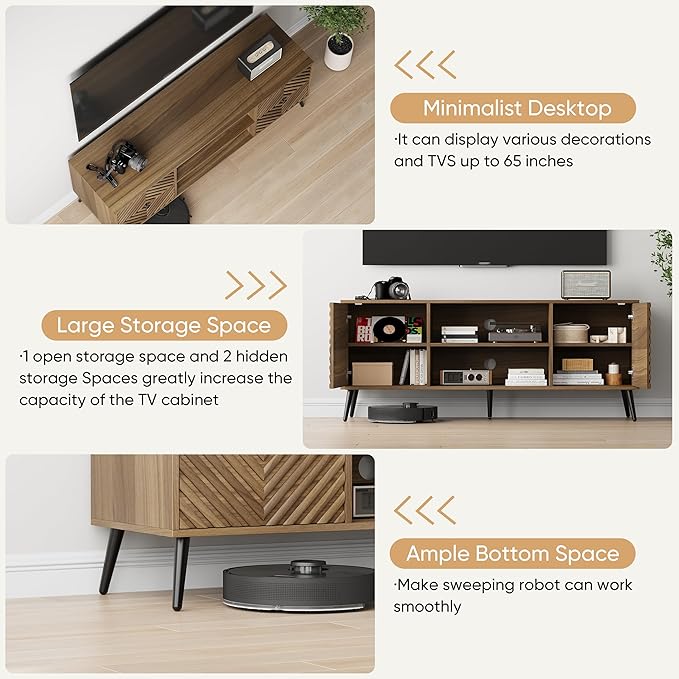 Smuxee Walnut TV Stand with Fluted Diamond Doors 55.12 Mid Century Modern TV Media Console for TVs up to 65 TV Cabinet with Adjustable Shelf &amp 2 Cabinets for Living Room