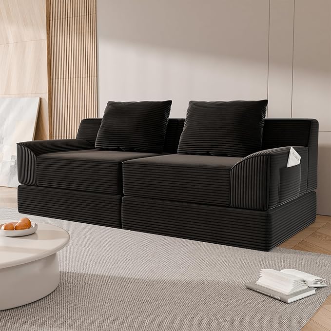 79 Convertible Sofa Bed Upholstered Boneless Couch Loveseat Sleeper with Pull Out Bed Corduroy Futon Couch Floor Folding Sofa Modular Futon Couch for Living Room Bedroom Lounge Black