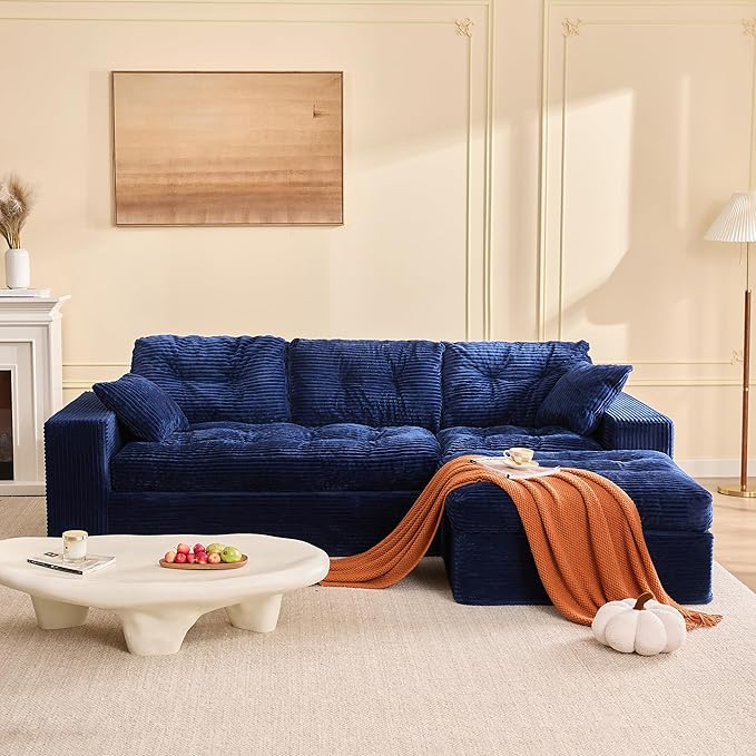 Modular Sectional Sofa 102” L-Shaped Corduroy Couch with Ottoman Deep Seat Comfy Sectional for Living Room Set of Soft Upholstered Cloud Couch for Apartment Blue
