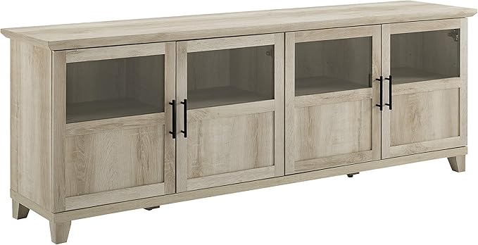 Walker Edison Farmhouse Glass and Wood TV Stand for TV's up to 80 Universal TV Stand for Flat Screen Living Room Storage Cabinets and Shelves Entertainment Center 70 Inch White Oak