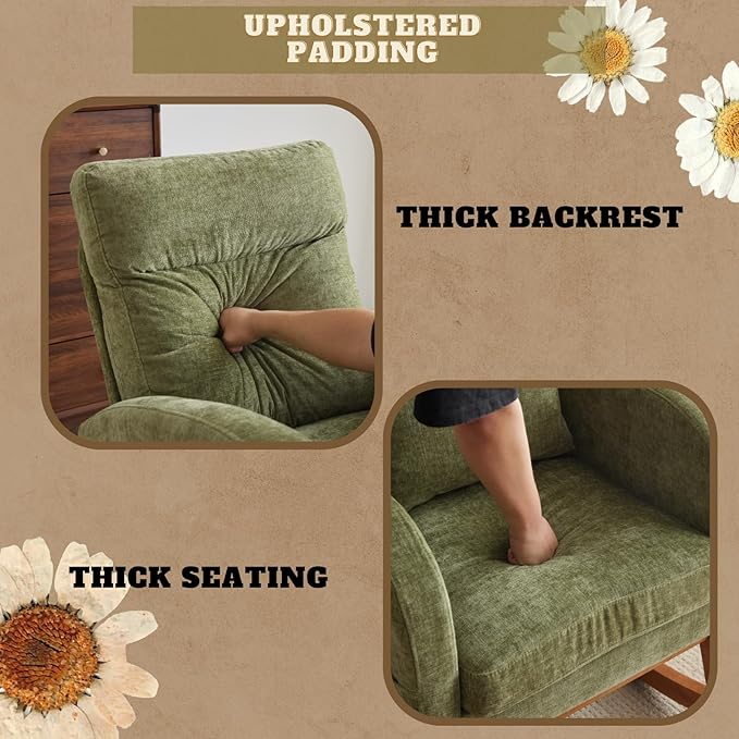 VINGLI Olive Chenille Rocking Chair Nursery with Thick Headrest Upholstered Mid-Century Modern Nursing Rocker Glider with Curved Armrest Sturdy Solid Wood Base for Living Room Bedroom Baby Room