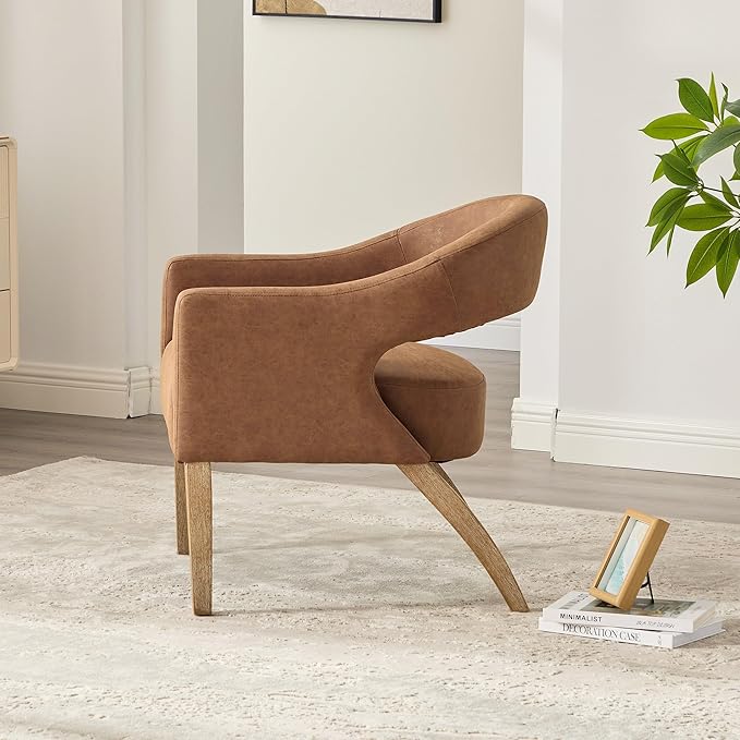Modern Accent Chair Upholstered PU Leather Barrel Armchairs with Rubberwood Legs Comfy Lounge Arm Chair Hollow-Out Side Club Chair for Living Room Bedroom Office (Brown-Wide)