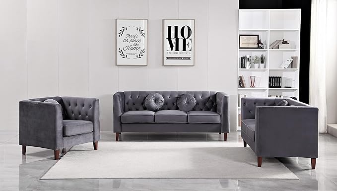 Kittleson Classic Chesterfield Velvet Accent Chair with Elegant Button Tufted Backrest Square Legs High-Density Foam &amp Accent Pillows Arm Chair for Living Room Chair Grey